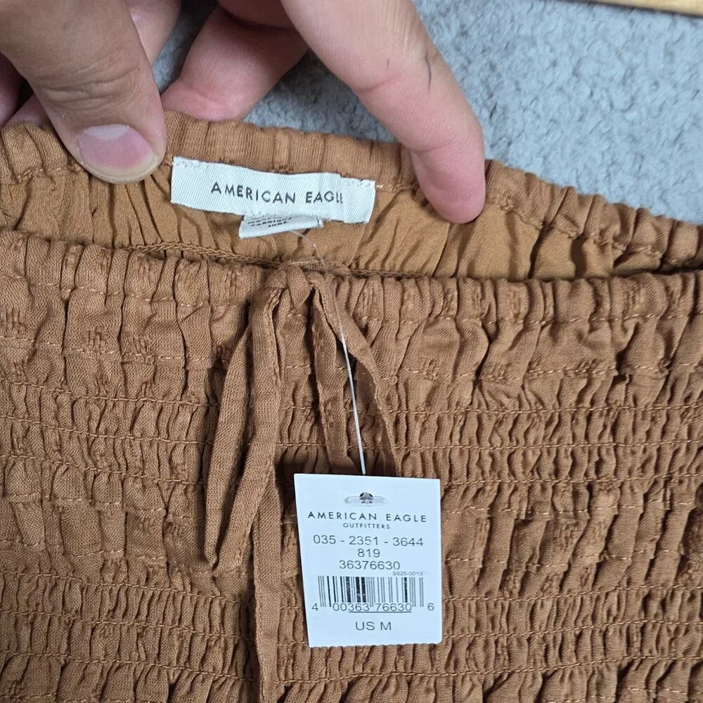 American Eagle Blouse Top Womens Medium Brown Smocked Cropped Peasant Picnic NWT